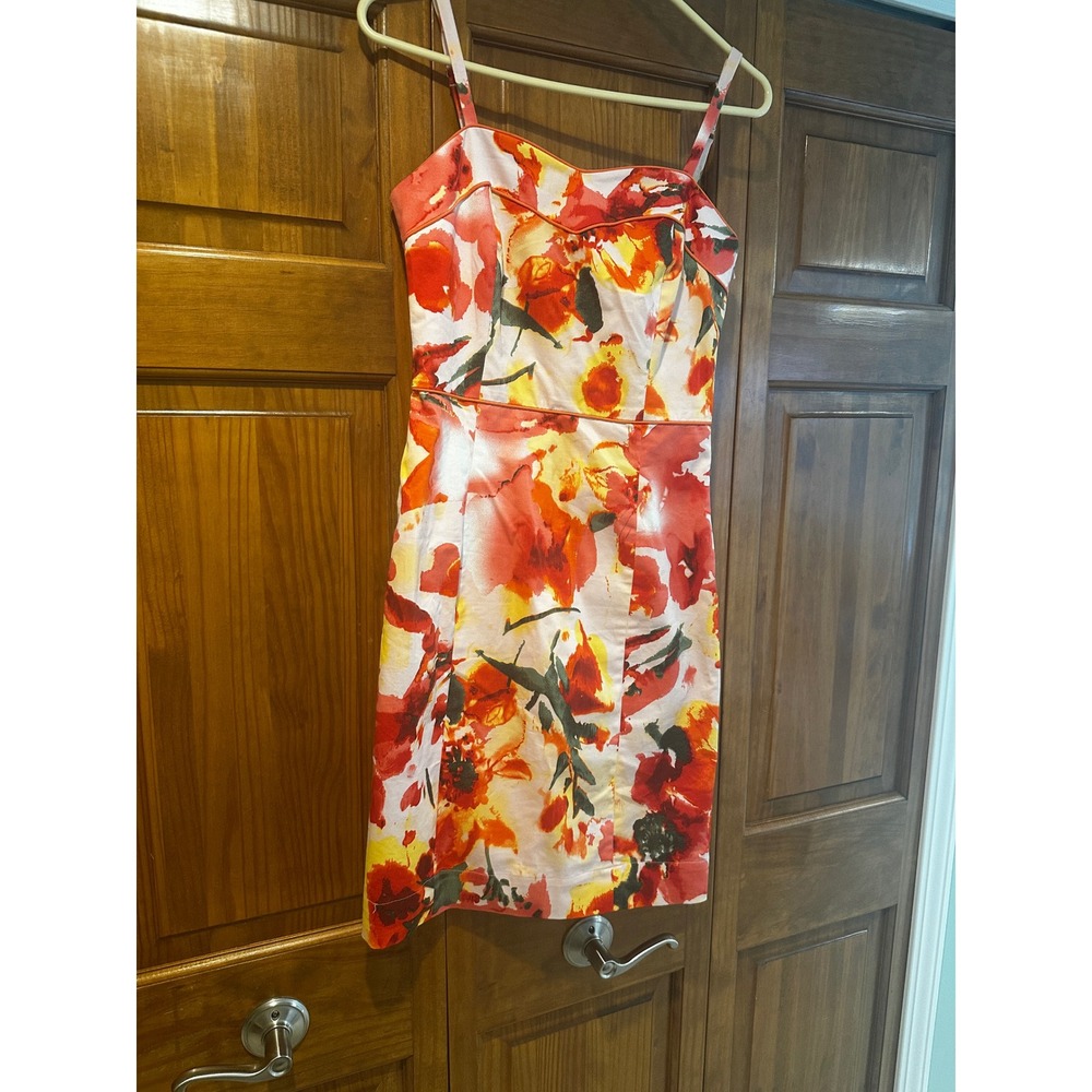 Kristin Davis Orange Red Floral Sweetheart Sheath Dress Size 4